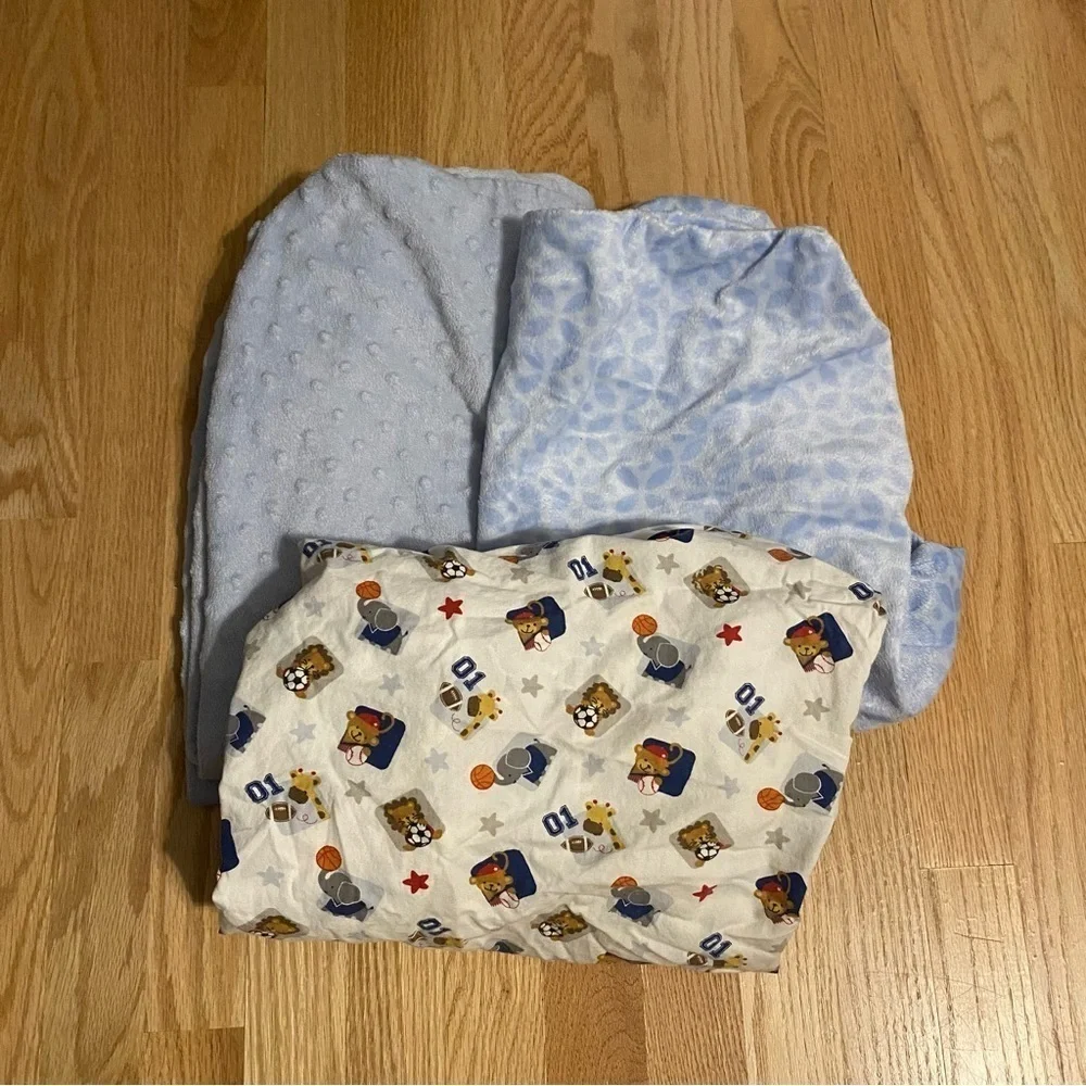Lambs & Ivy Sports Animals Crib Sheet & Changing Pad Cover Bundle Lot Blue White